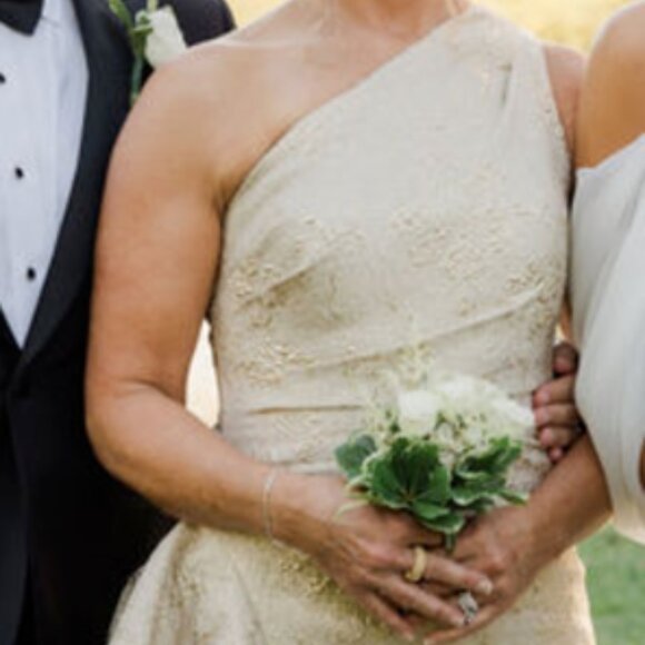 Teri Jon by Rickie Freeman Jacquard One Shoulder Side Ruffle Gown, GOLD - Picture 4 of 4